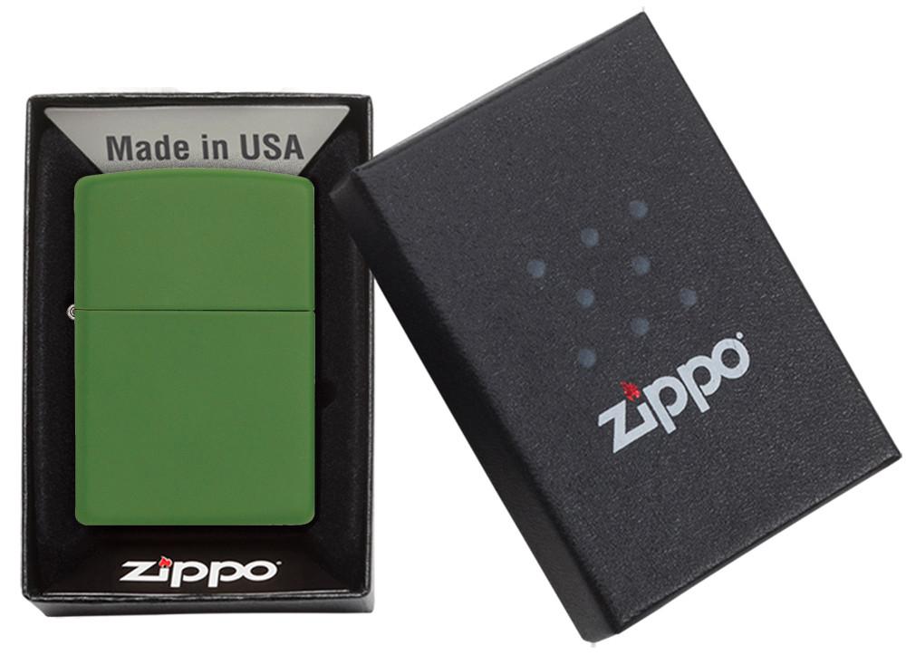 Zippo-aansteker Moss Green Matte basismodel in open verpakking