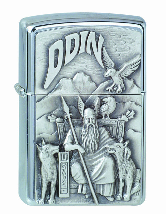 Vooraanzicht Zippo aansteker chroom godenvader Odin zittend op troon