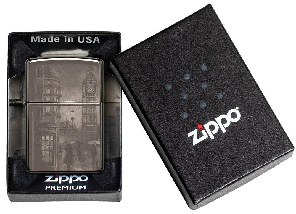 Zippo Aansteker Black Ice met Big Ben in Londen 360 graden foto-ontwerp in geopende geschenkverpakking