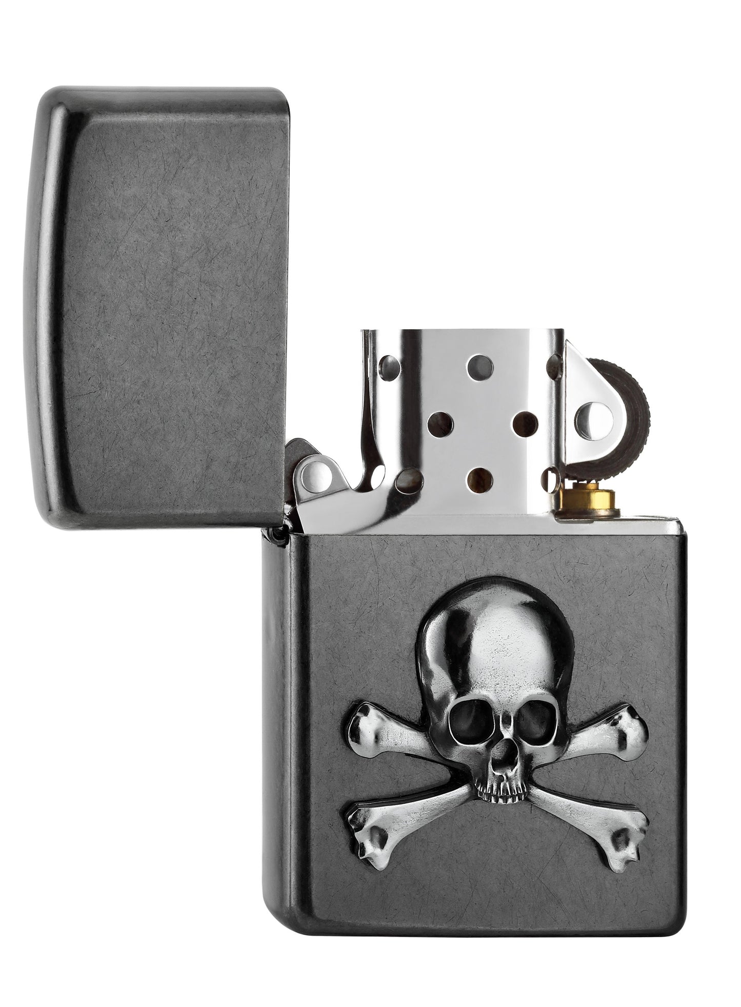 Zippo aansteker grijs geopend met doodshoofd in Jolly Roger-stijl