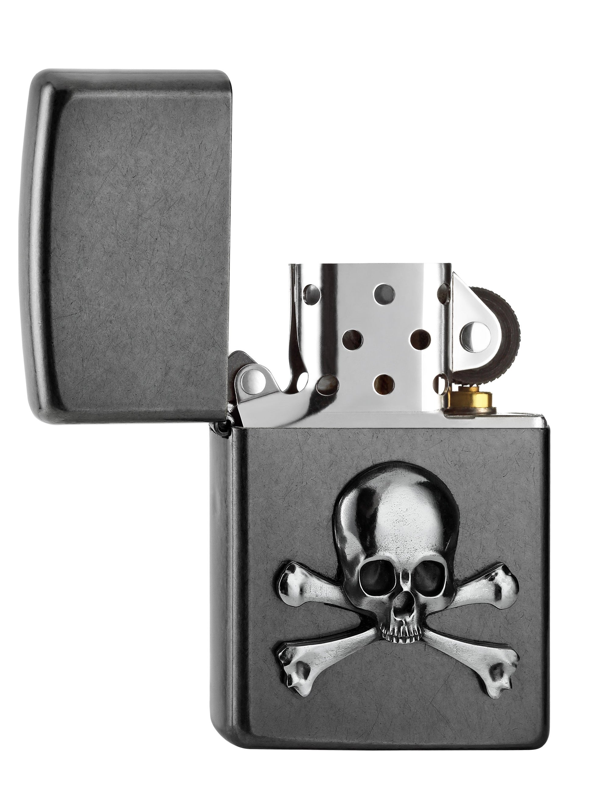 Zippo aansteker grijs geopend met doodshoofd in Jolly Roger-stijl