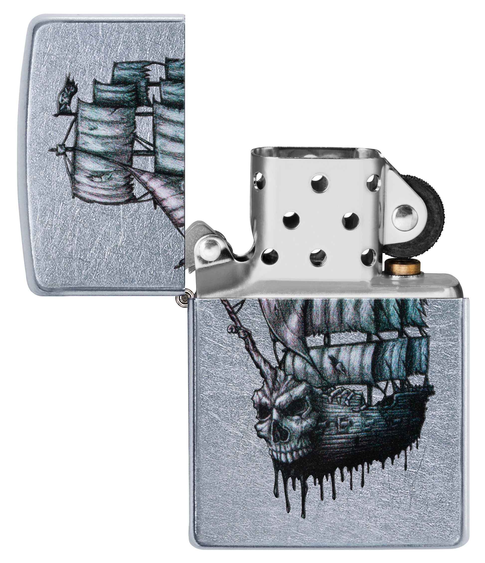 Zippo Aansteker Straat Chroom Piratenschip met Schedel Online Enkel geopend zonder Vlam
