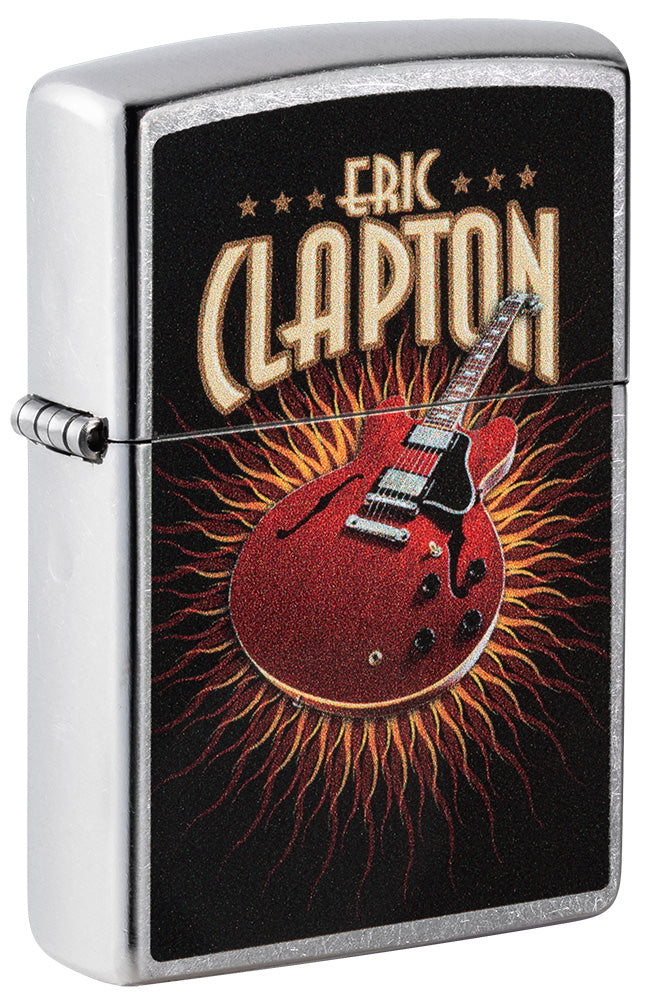 Zippo aansteker vooraanzicht ¾ hoek verchroomd met gekleurde afbeelding van een rode gitaar van Eric Clapton