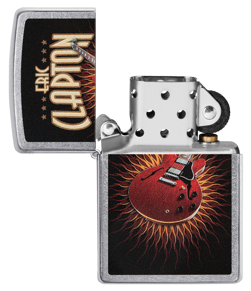 Zippo aansteker vooraanzicht chroom open met gekleurde afbeelding van een rode gitaar van Eric Clapton
