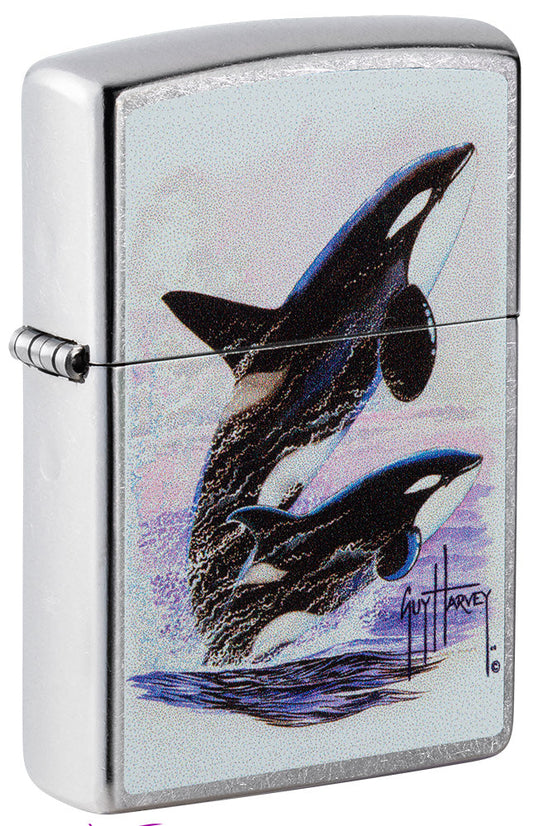 Zippo aansteker vooraanzicht ¾ hoek verchroomd met gekleurde illustratie van twee orka's getekend door Guy Harvey