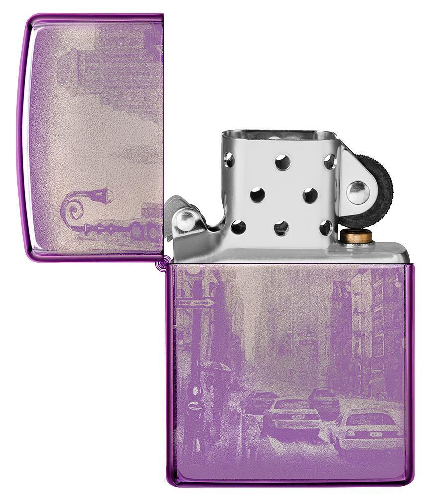 Zippo Aansteker Paars 360 Graden New York City met wolkenkrabbers en Amerikaanse Yellow Cabs Geopend zonder Vlam