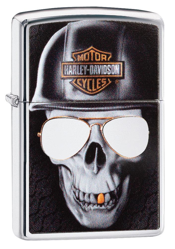 Vooraanzicht 3/4 hoek Zippo-aansteker chroom Harley Davidson grote schedel met helm