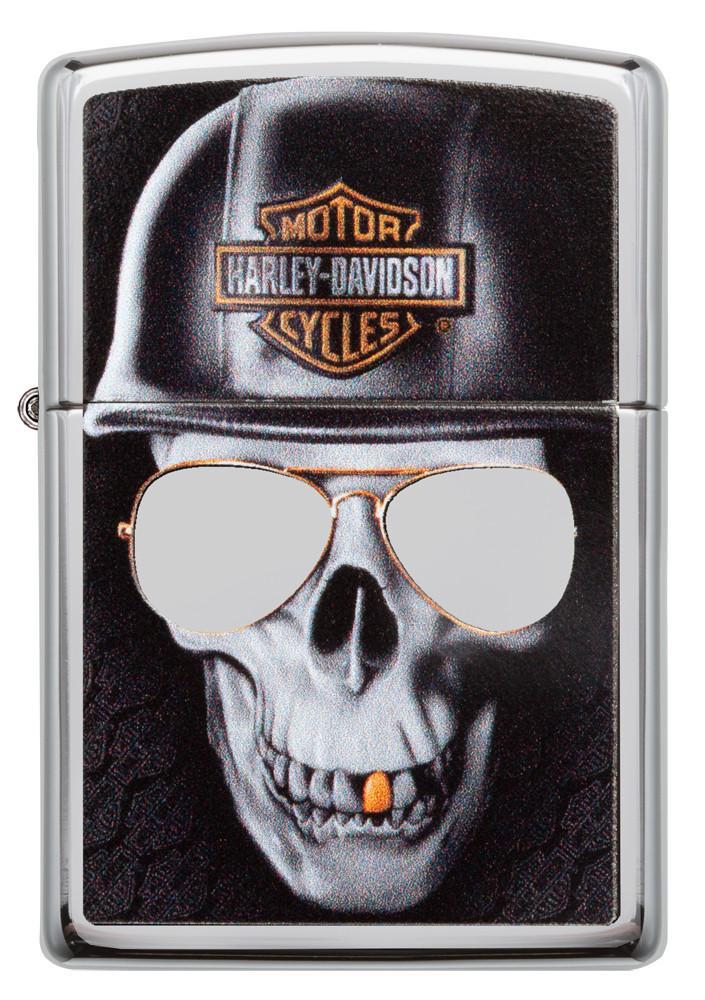 Vooraanzicht Zippo-aansteker chroom Harley Davidson grote schedel met helm