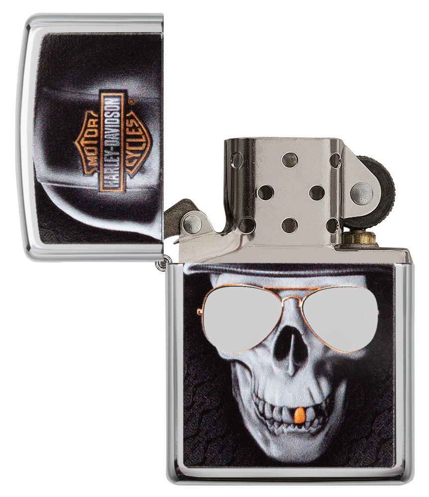 Zippo-aansteker chroom Harley Davidson grote schedel met helm open