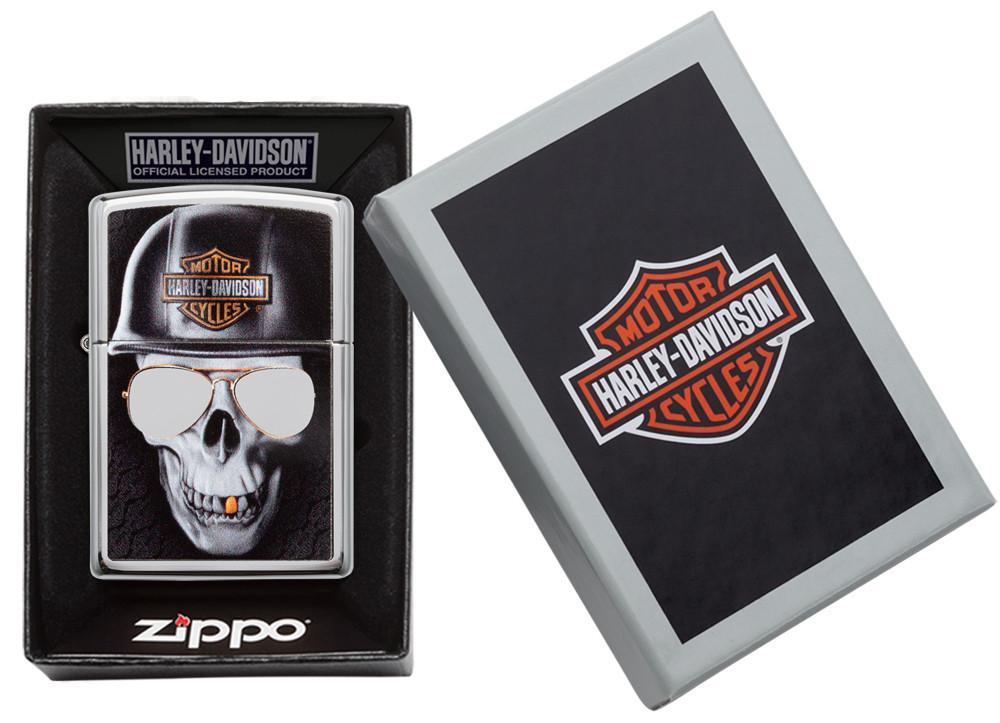 Zippo-aansteker chroom Harley Davidson grote schedel met helm in open doos
