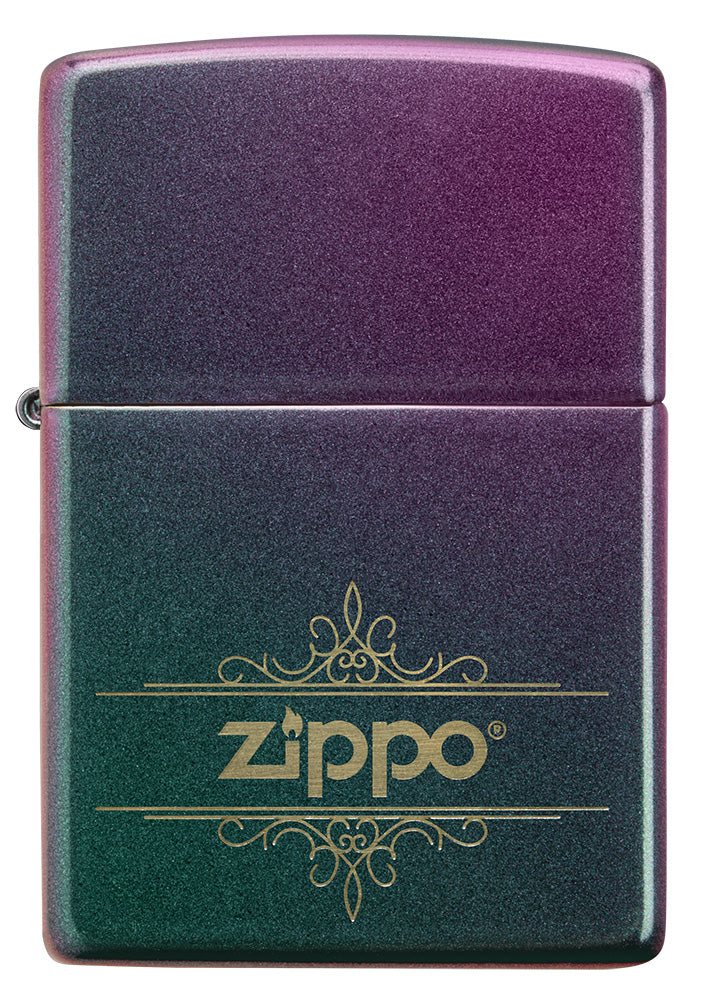 Zippo Feuerzeug Frontansicht Iridescent Matte in grün blau lila mit verschnörkeltem Zippo Logo