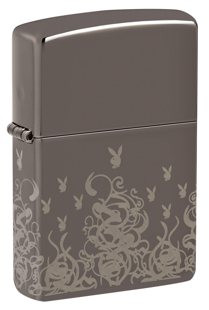 Zippo Feuerzeug Frontansicht ¾ Winkel Black Ice® mit Playboy Hasenköpfen und Wirbeln