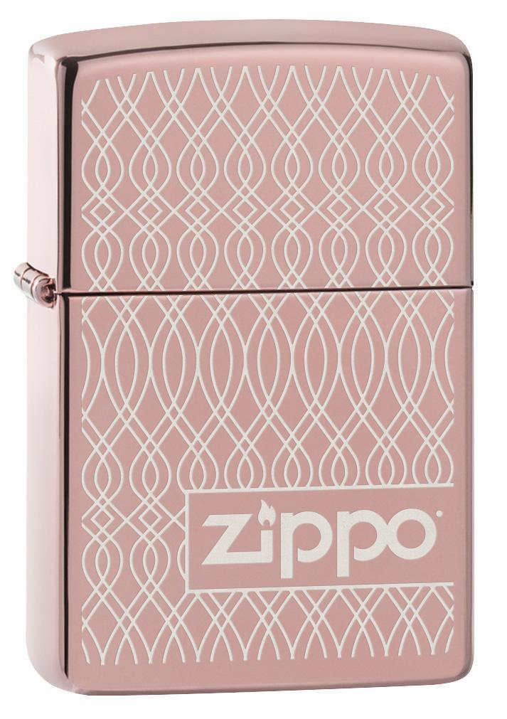 Vooraanzicht 3/4 hoek Zippo Aansteker Zeer gepolijst Roségoud Geometrisch Patroon Golven Logo Alleen online