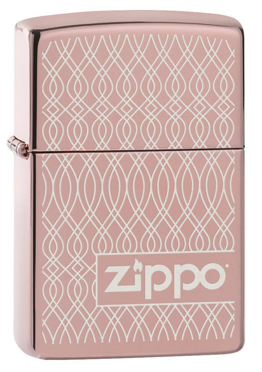Vooraanzicht 3/4 hoek Zippo Aansteker Zeer gepolijst Roségoud Geometrisch Patroon Golven Logo Alleen online