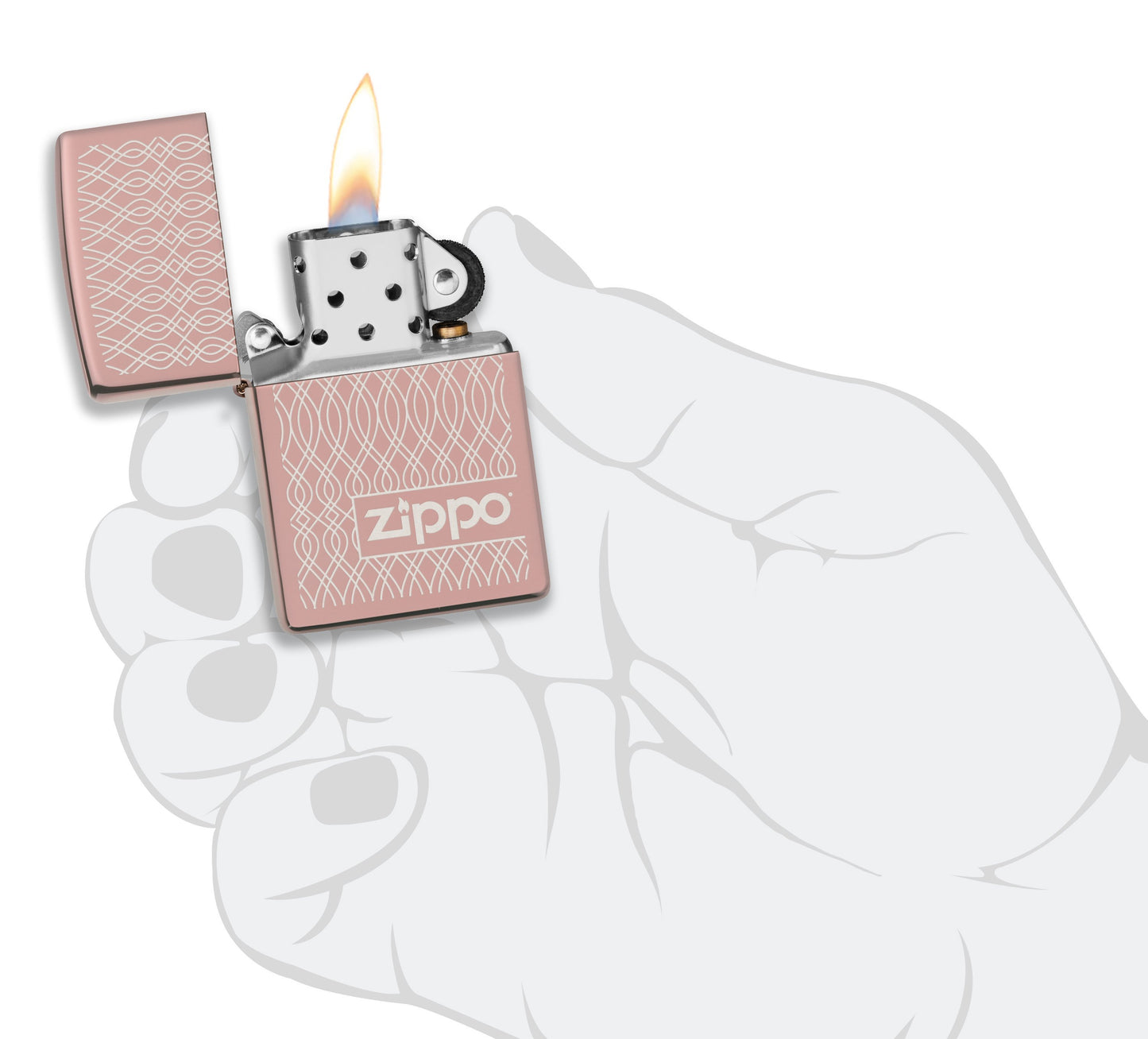 Zippo Aansteker Hoogglans Gepolijst Roségoud Geometrisch Patroon Golven Logo Alleen Online Openen met Vlam in Gestileerde Hand