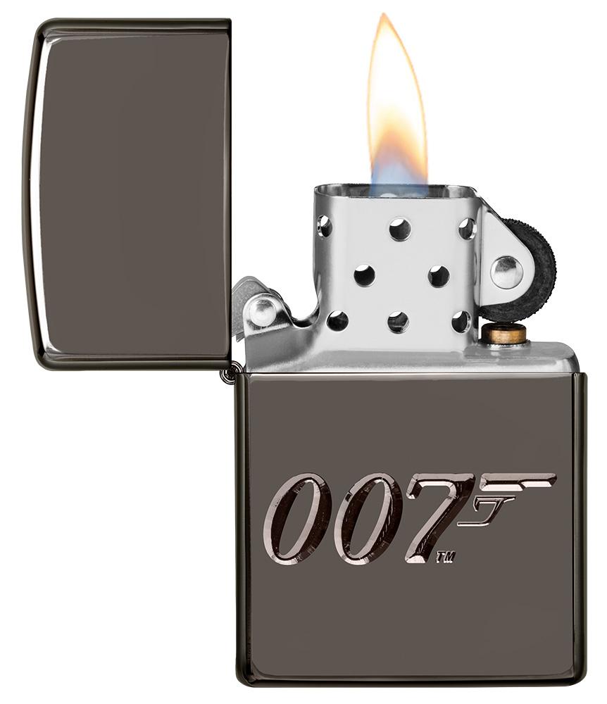 Vooraanzicht Zippo-aansteker grijs glanzend 007 open met vlam