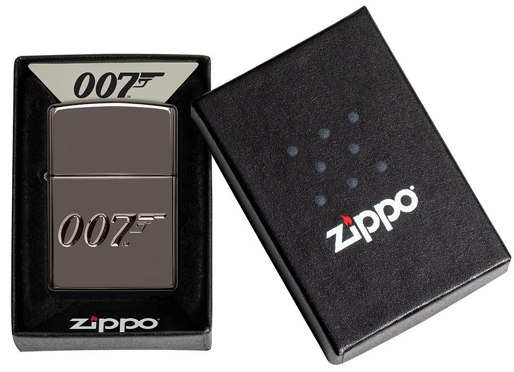 Vooraanzicht Zippo-aansteker grijs glanzend 007 in open verpakking