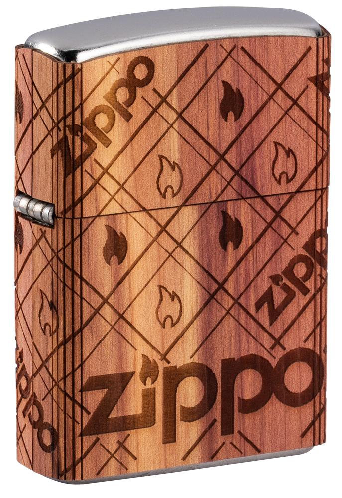 Vooraanzicht 3/4 hoek Zippo-aansteker chroom Woodchuck Zippo Flame 360°