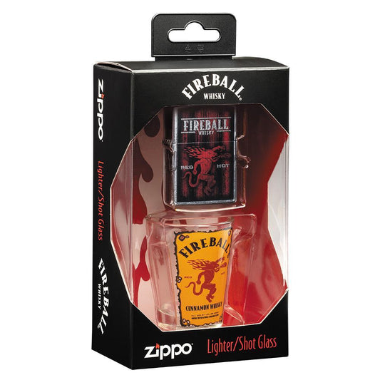 Zijaanzicht geschenkset Fireball Whisky aansteker met borrelglas