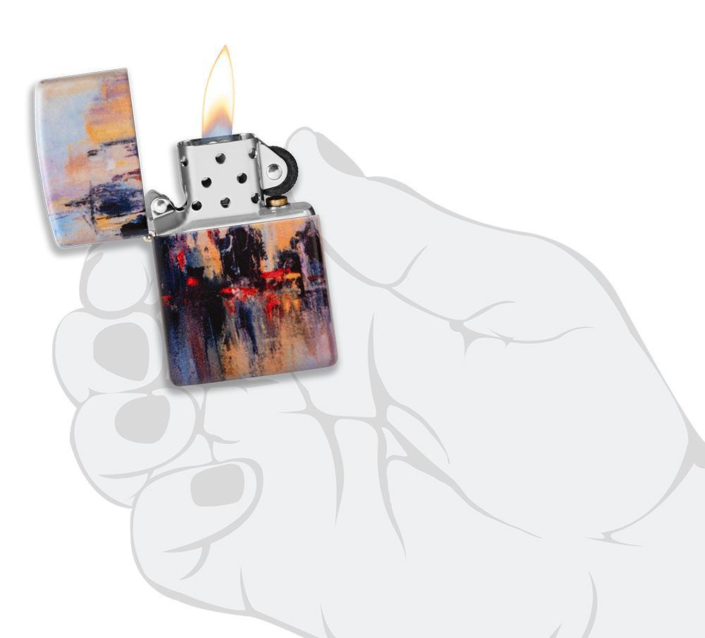 Zippo Aansteker 540 Graden City Skyline Ontwerp als een schilderij Alleen online te openen met vlam in gestileerde hand