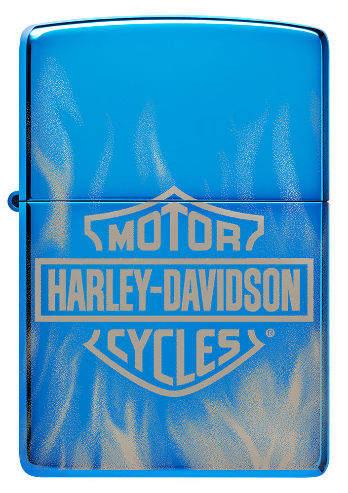 Zippo Feuerzeug Frontansicht Hochglanz Blau Fotodruck mit Harley Davidson Logo umgeben von lodernden Flammen