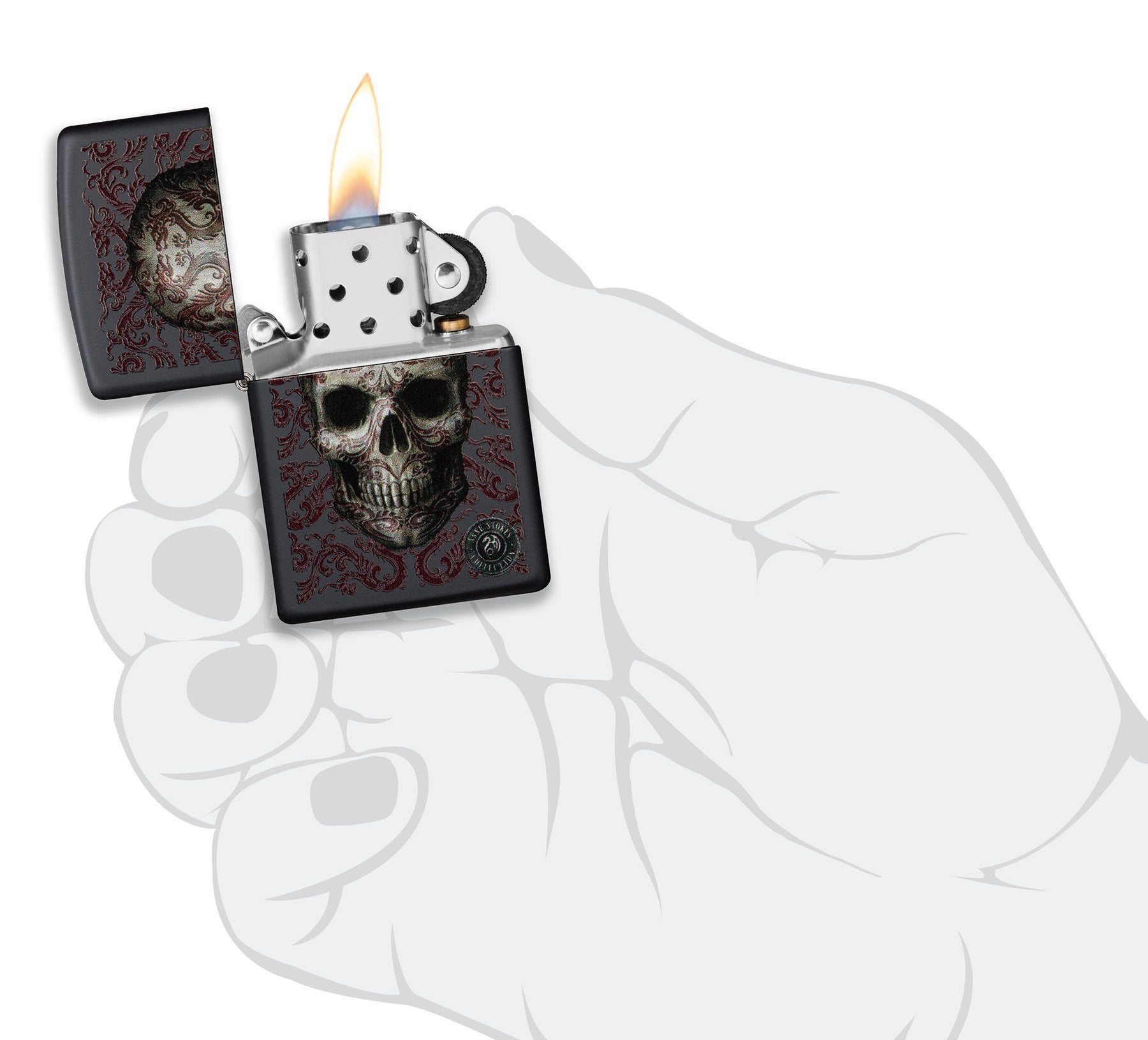 Zippo-aansteker schedel in het midden omringd door krullen open met vlam in handpalm