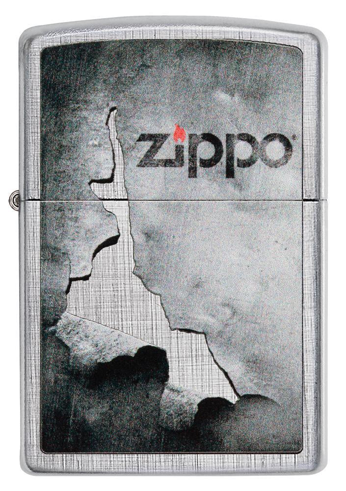 Vooraanzicht Zippo aansteker chroom Zippo-logo op afbladderend metaal