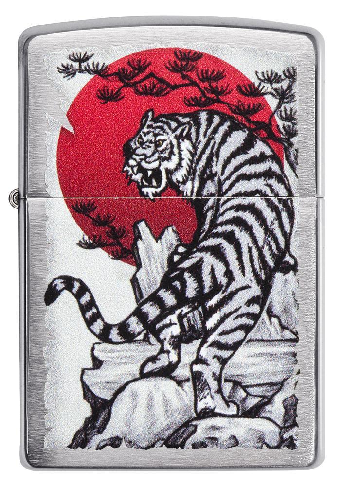 Zippo-aansteker chroom met Aziatische tijger voor een rode zon