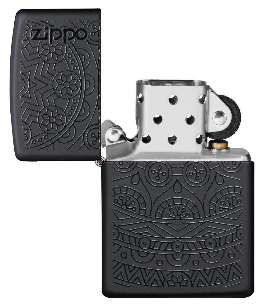 Zippo-aansteker zwart met mandalapatroon open