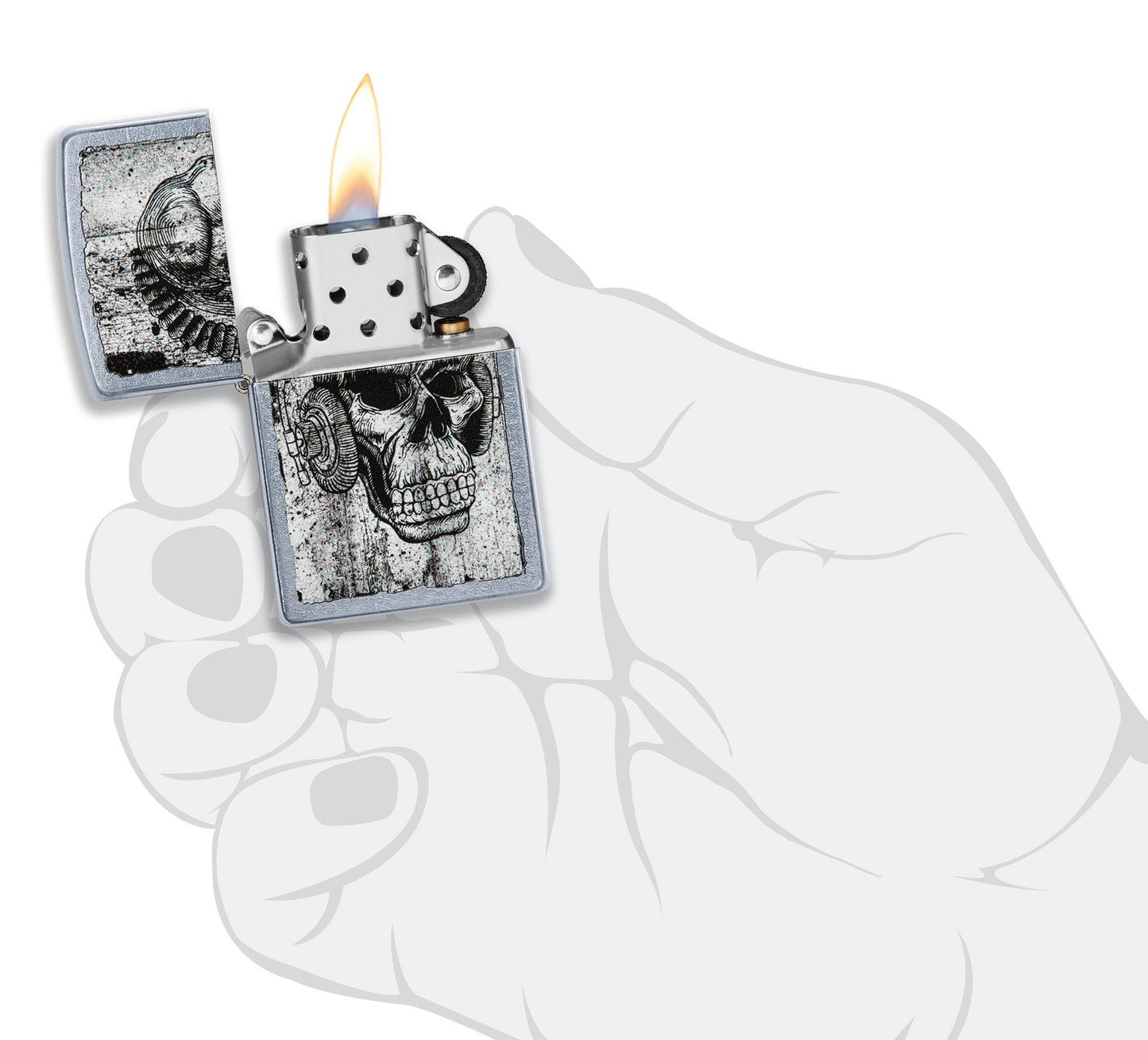 Zippo aansteker chroom doodshoofd met hoofdtelefoon geopend met vlam in gestileerde hand
