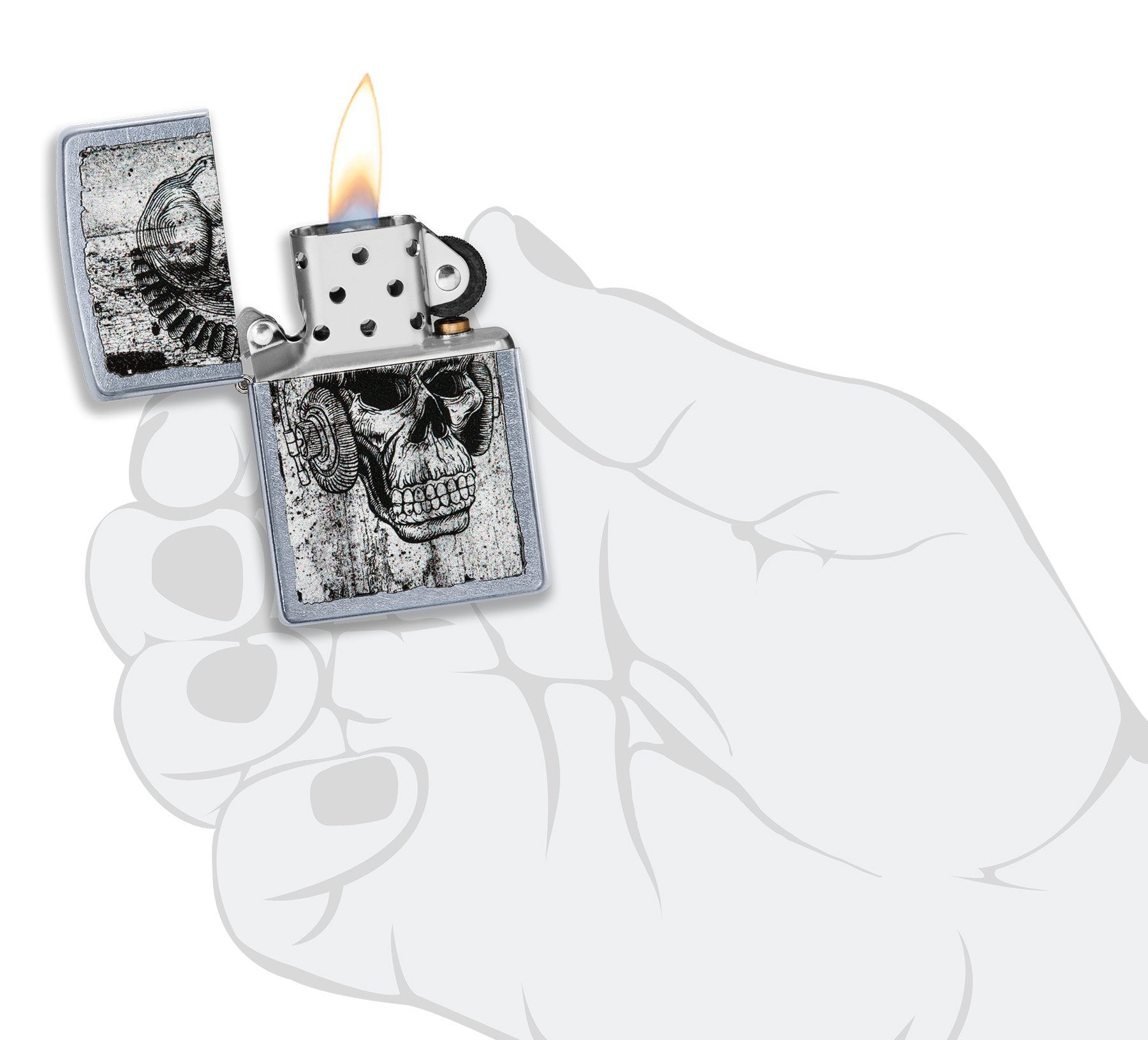 Zippo aansteker chroom doodshoofd met hoofdtelefoon geopend met vlam in gestileerde hand