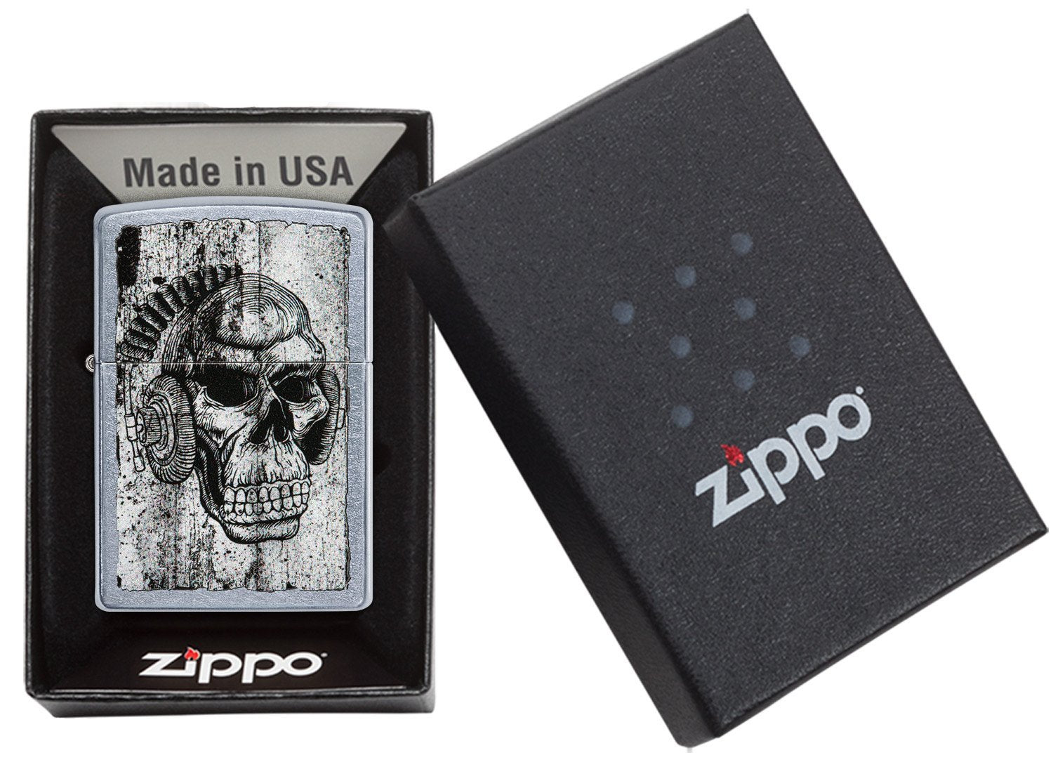 Zippo aansteker chroom doodshoofd met hoofdtelefoon in open doos
