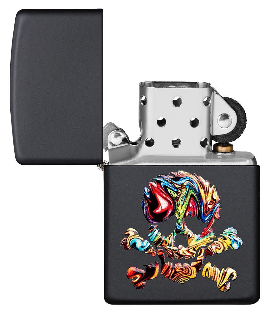 Zippo-aansteker zwart mat met kleurrijke schedel open