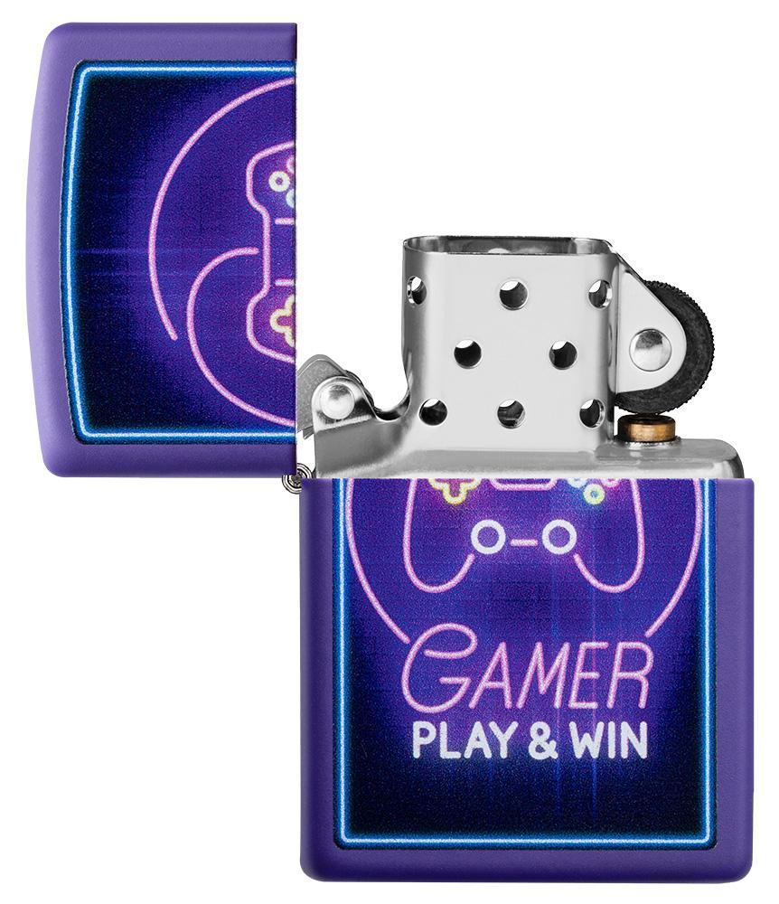 Zippo-aansteker paars met controller en het opschrift Play & Win open