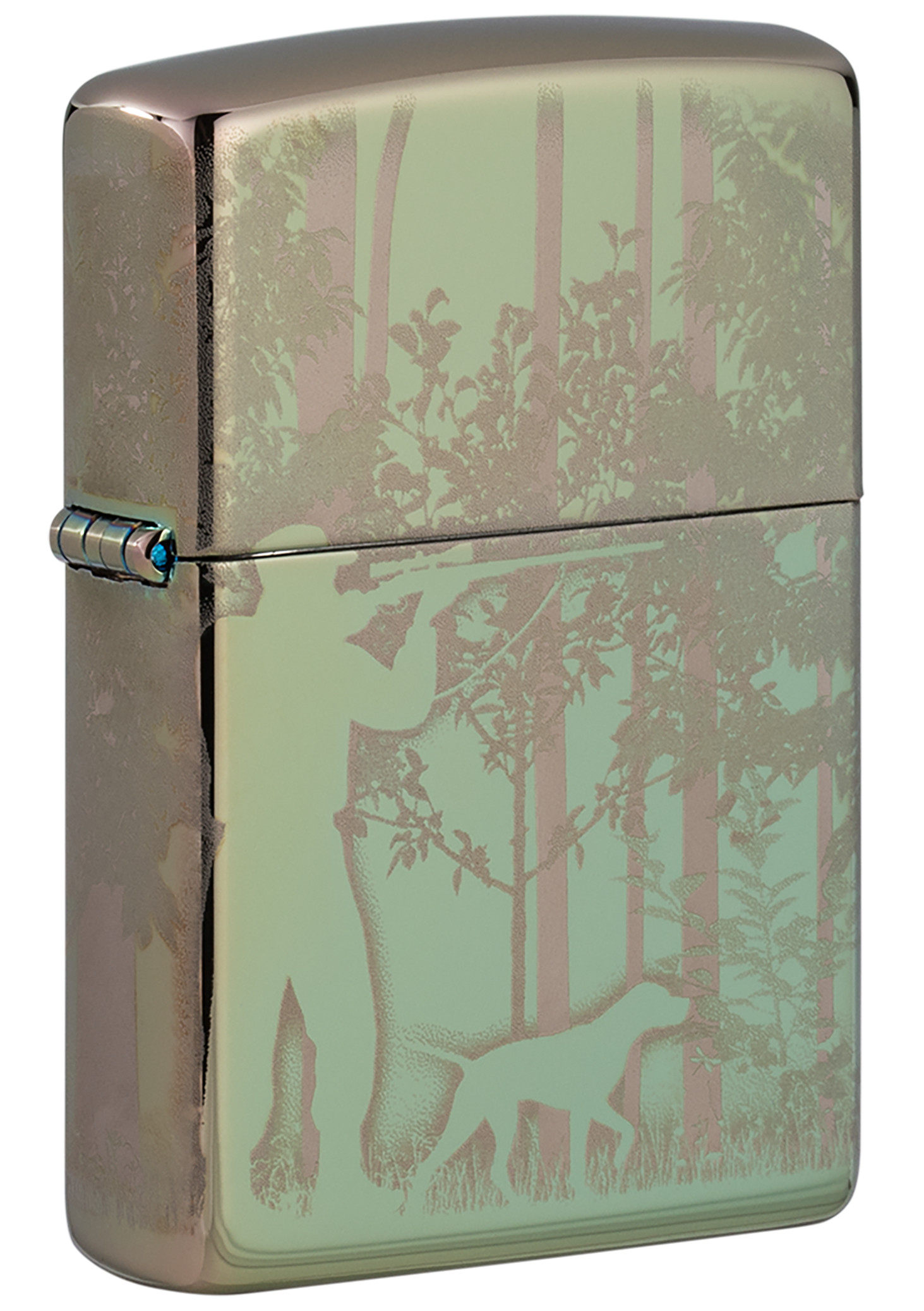 Vue de trois quarts du briquet tempête Zippo Hunting Design