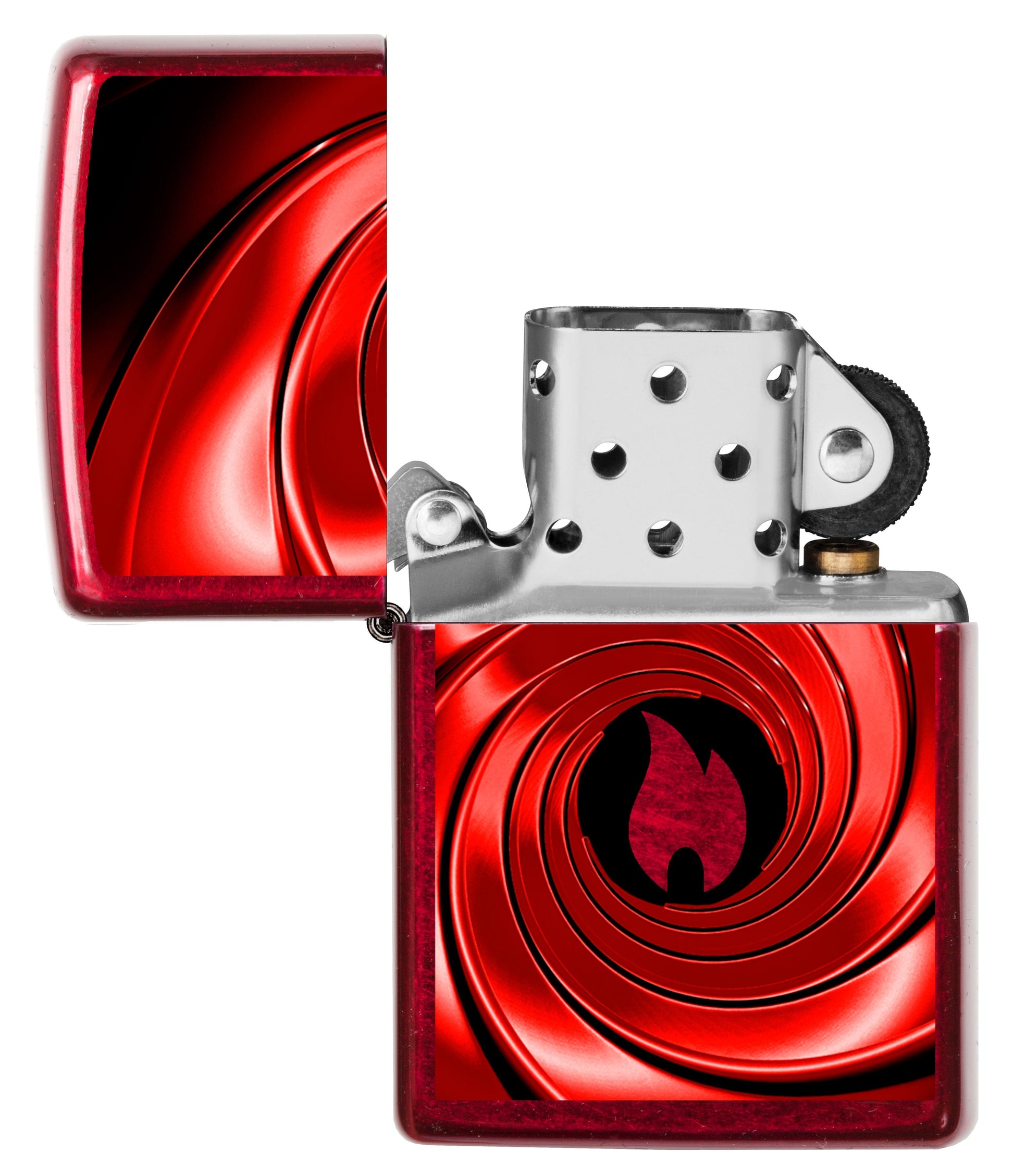 Vue de face du briquet tempête Zippo Red Swirl Design éteint, sans flamme
