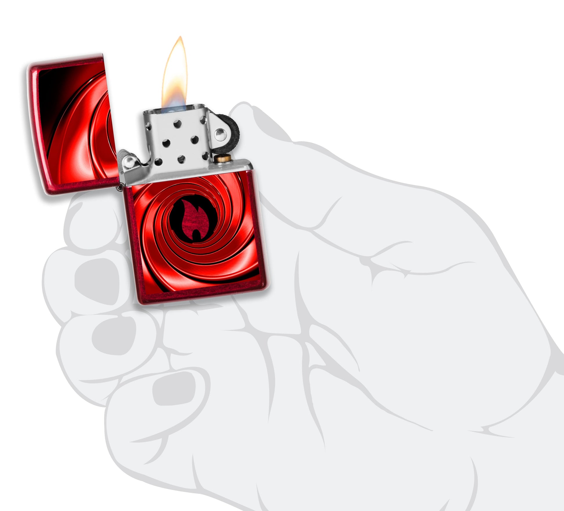 Briquet tempête Zippo Red Swirl Design dans une main pour représenter la taille du briquet