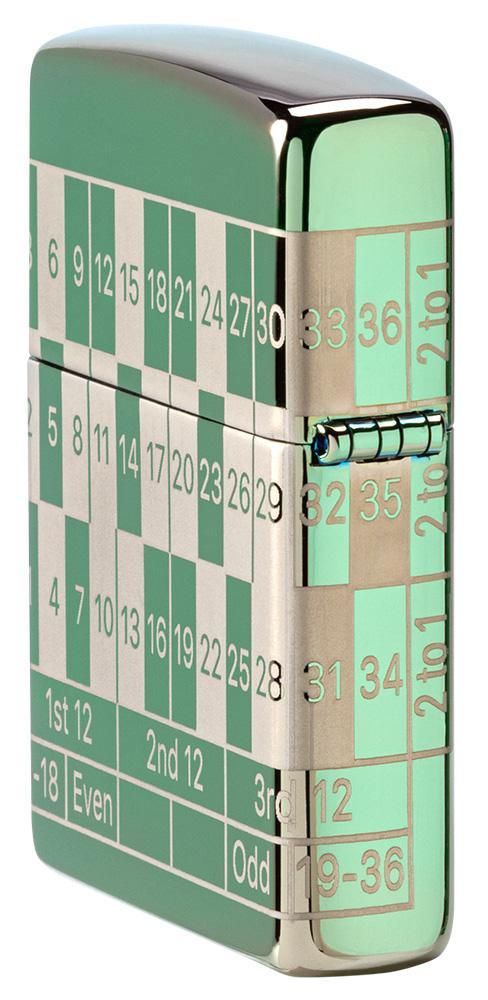 Zijaanzicht achterkant Zippo-aansteker High Polish Green met roulettetafel