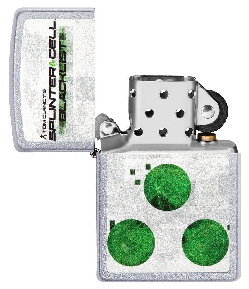 Vooraanzicht Zippo-aansteker geborsteld chroom Tom Clancy's Splinter Cell® met print open
