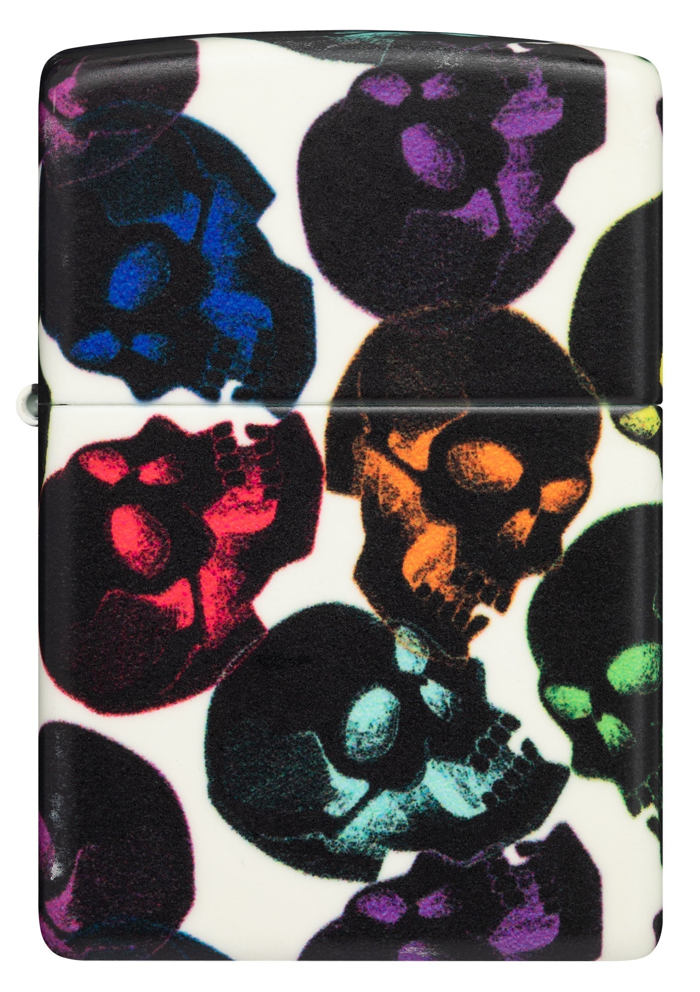 Zippo aansteker vooraanzicht schedels ontwerp met een aantal kleurrijke schedels gloeien in de nacht