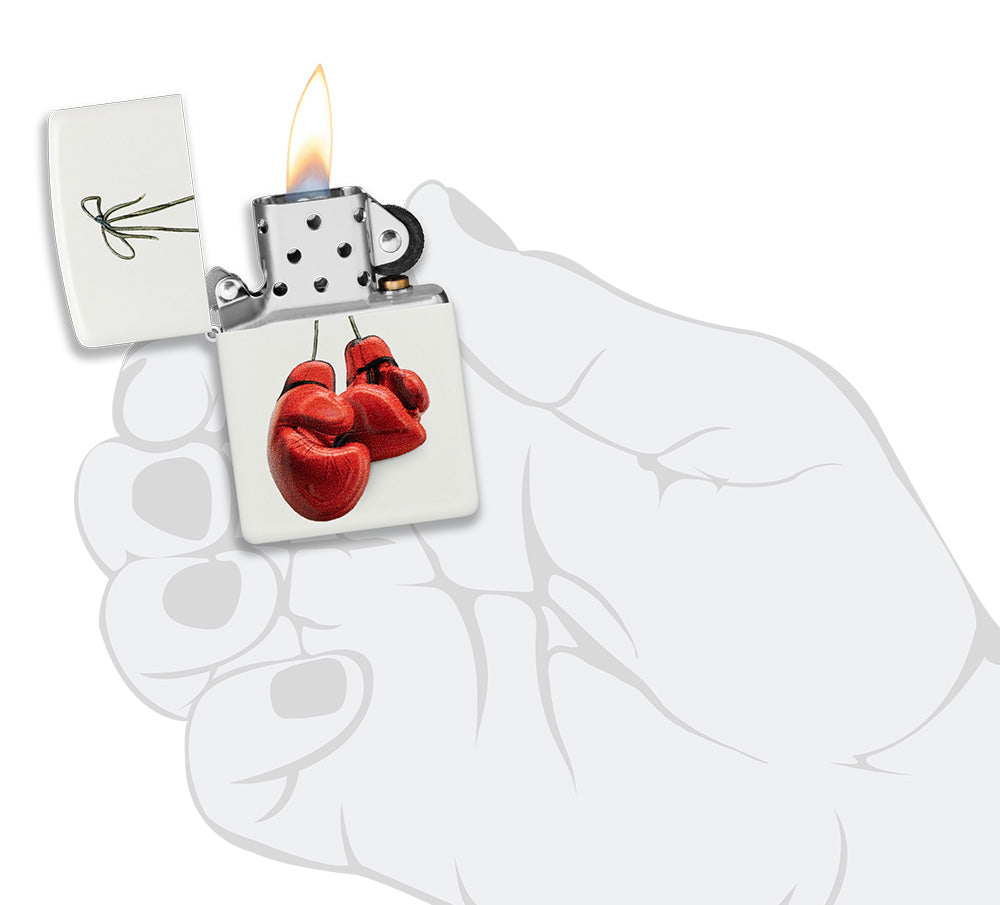 Zippo Aansteker Wit met Rode Bokshandschoenen Open met Vlam in Gestileerde Hand