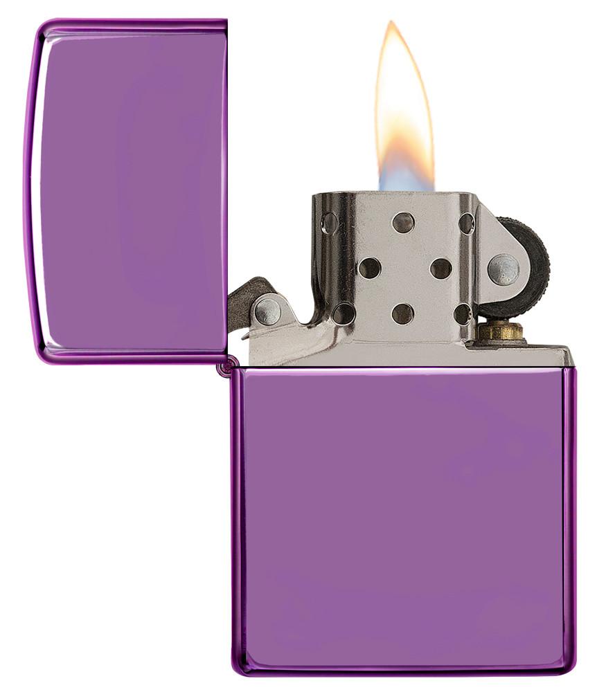 Vooraanzicht Zippo Aansteker Abyss Paars Glimmend Open Met Vlam