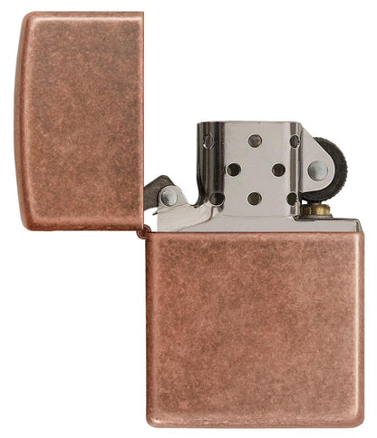 Vooraanzicht Zippo Aansteker Antiek Koper en Messing Geopend zonder Vlam