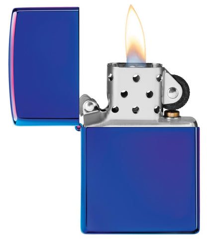 Zippo-aansteker blauw hoogglans open met vlam