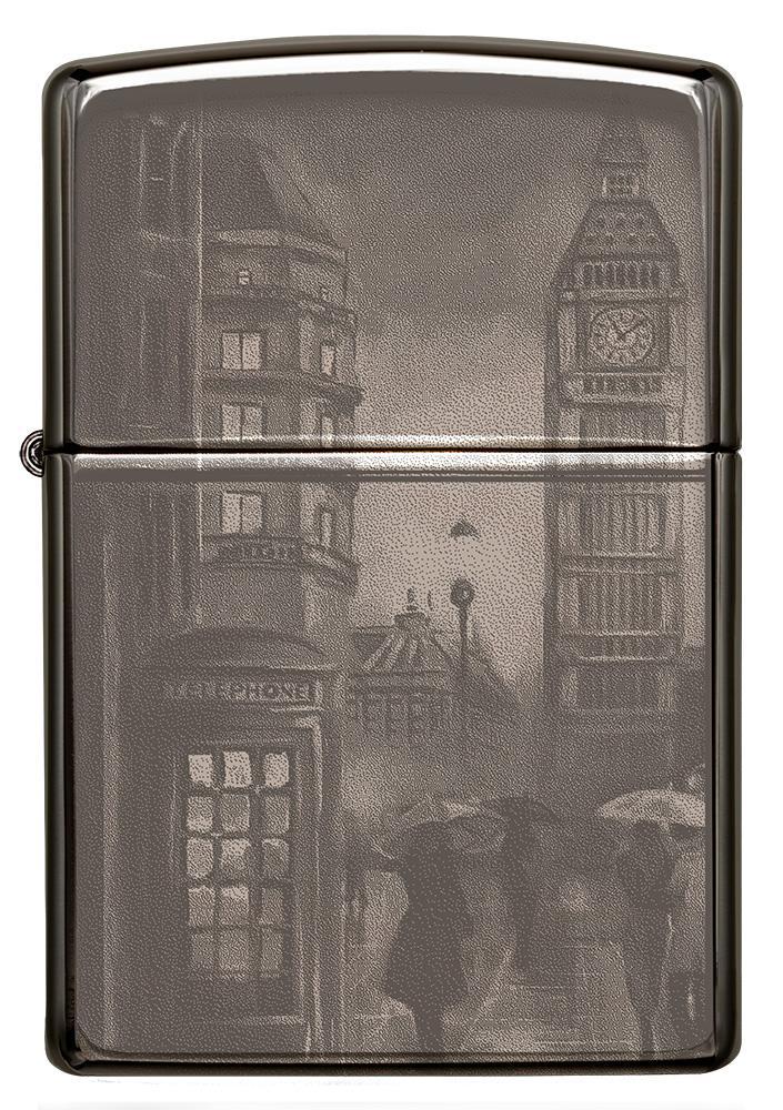 Vooraanzicht Zippo aansteker zwart ijs met Big Ben in Londen 360 graden foto beeldontwerp