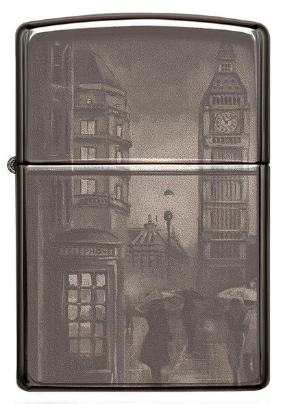 Vooraanzicht Zippo aansteker zwart ijs met Big Ben in Londen 360 graden foto beeldontwerp