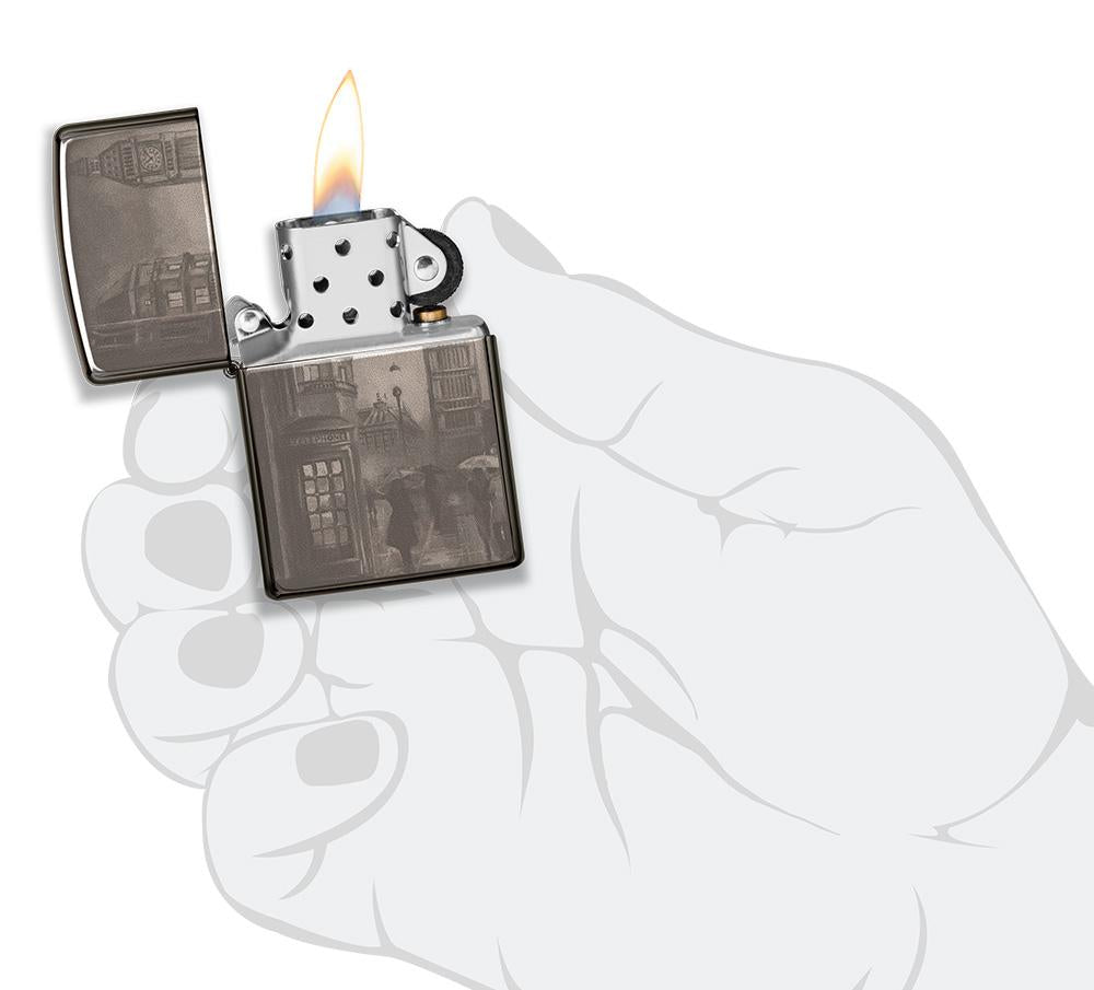 Zippo Aansteker Zwart IJs met Big Ben in Londen 360 Graden Fotobeeldontwerp Open met Vlam in Gestileerde Hand