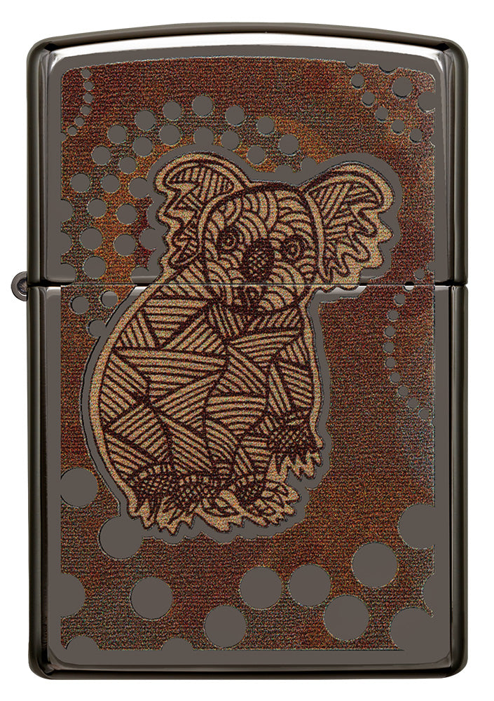 Zippo aansteker vooraanzicht Black Ice® met gekleurde illustratie van een koala in de stijl van Aboriginal kunst.