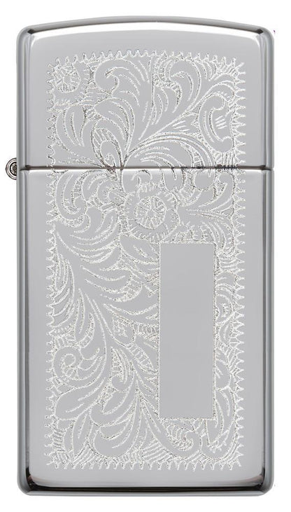 Vooraanzicht Zippo aansteker Slim Chrome Venetiaans bloemmotief met initiaalplaatje