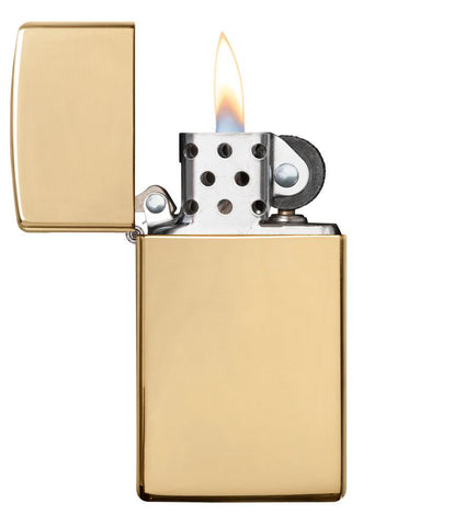 Vooraanzicht Zippo aansteker Slim Brass High Polished basismodel geopend met vlam